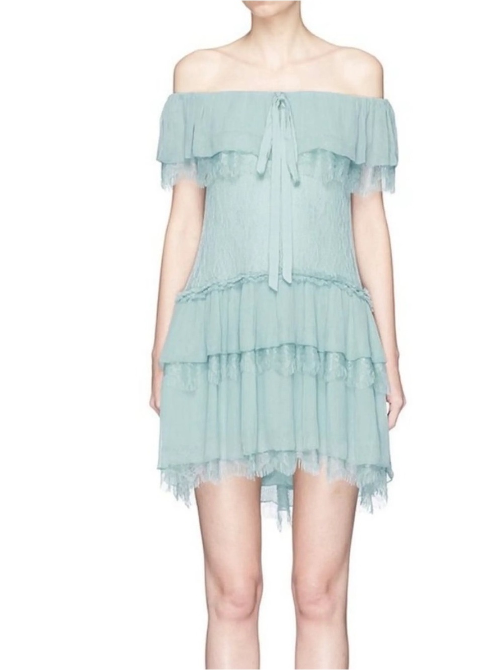 Alice and Olivia Light Blue Lace Tiered Off-Shoulder Dress